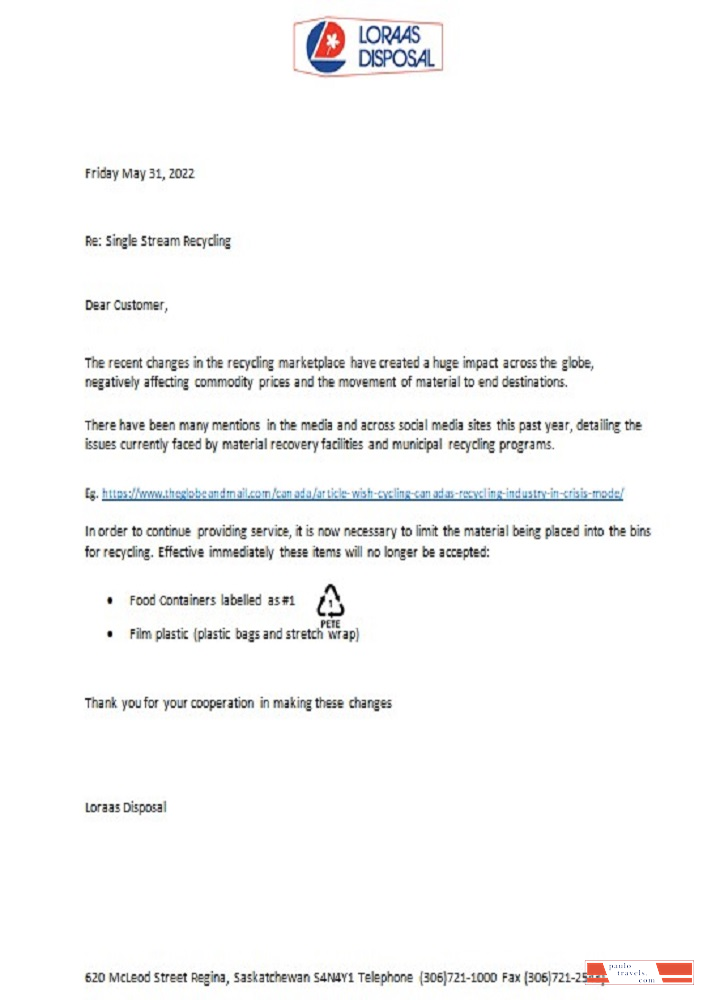 Canada Saskatchewan Loraas Disposal recycling utility shut off notice